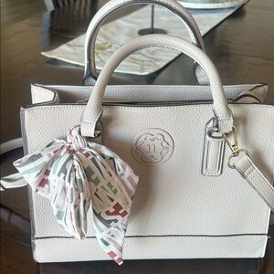 Women's Leather Satchel Handbag with Scarf Accent - Cream